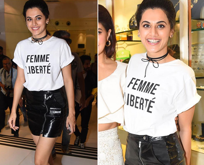 फ्रेंच में femme liberté feminist tshirt Tapsi Pannu x inside